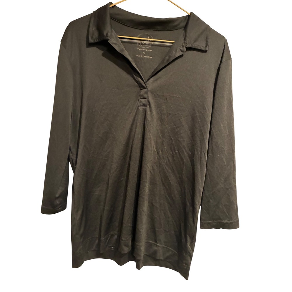 UltraClub Women Black 3/4 Sleeve Polo Shirt V-Neck Active Top 8425L Size S